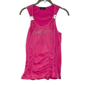 Bebe Rhinestone Logo Ribbed Tank Top Pink Barbie Sz S Y2K Sleeveless Knit